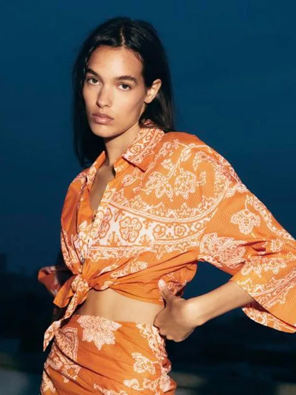 Zara Orange Paisley Tie Front Crop Top Large - Image 2
