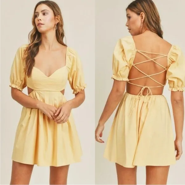 Mable backless‎ puff sleeve dress yellow size medium - Image 2