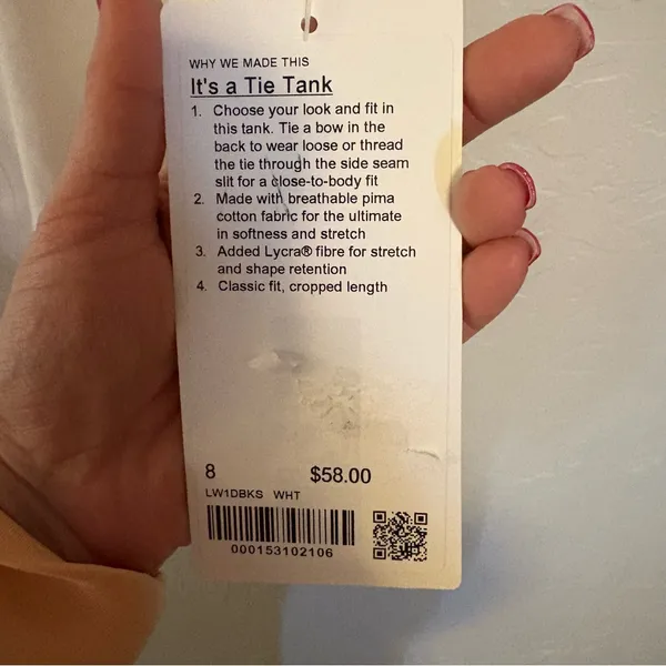 Lululemon Its A Tie Tank. NWT Sz 8. White. Choose your look and fit in this tank - Image 3