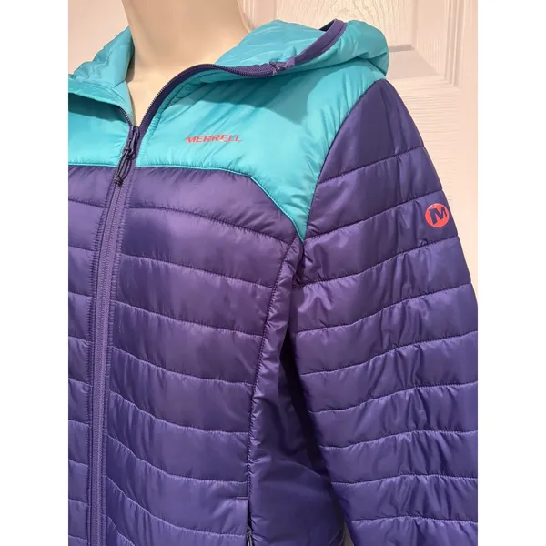 Merrell Womens Puffer Jacket Blue Teal Hooded Lightweight Insulated Small - Image 2