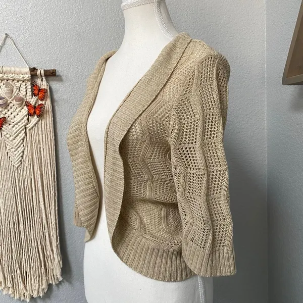 Beige Cream Knit Open Front Quarter Sleeve Bolero Shrug Cardigan Cottagecore - Image 3
