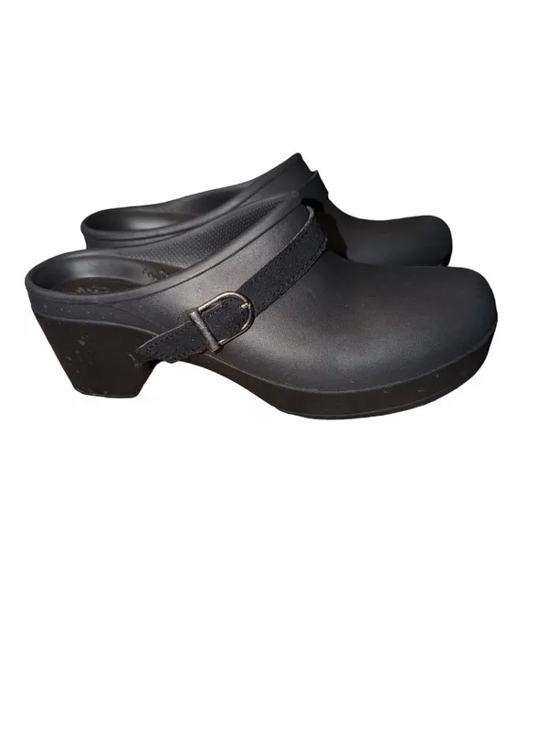 Crocs Dual Comfort Sarah Heeled Mule Clog Black Strap Buckle Womens Size 8 Shoes - Image 2