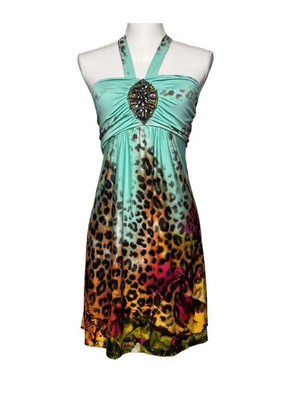 Venus y2k leopard floral halter dress beaded boho festival size small - Image 2