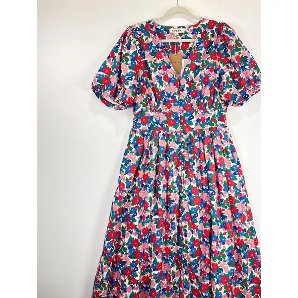 NEW Boden Midi Dress Pink Lillian Cotton Floral V Neck Puff Sleeve Boho US 10 - Image 7