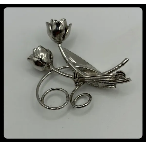 Tulip Flower Brooch Women Silver Tone Textured Leaf Floral Pin‎ - Image 5