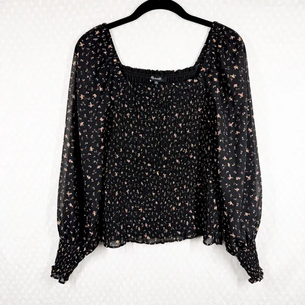 Madewell Black Pink‎ Floral Georgette Lucie Bubble Sleeve Smocked Top - Image 2