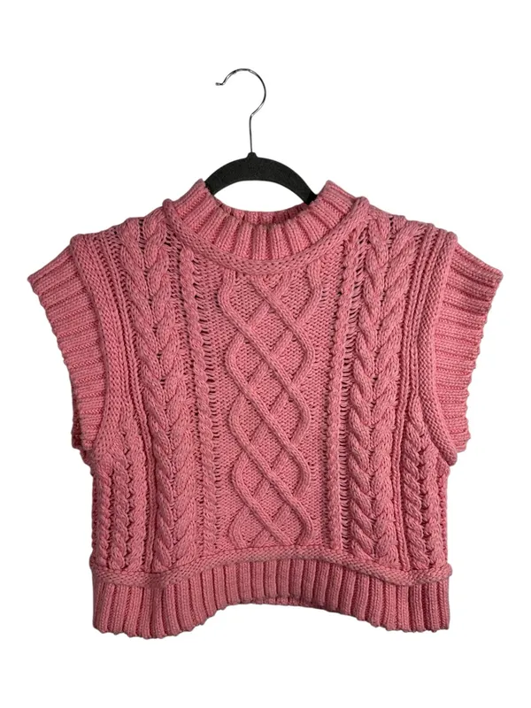 ZARA Pink Cable Knit Sweater Vest‎ Womens S Cropped Chunky Knit Sleeveless Top - Image 2