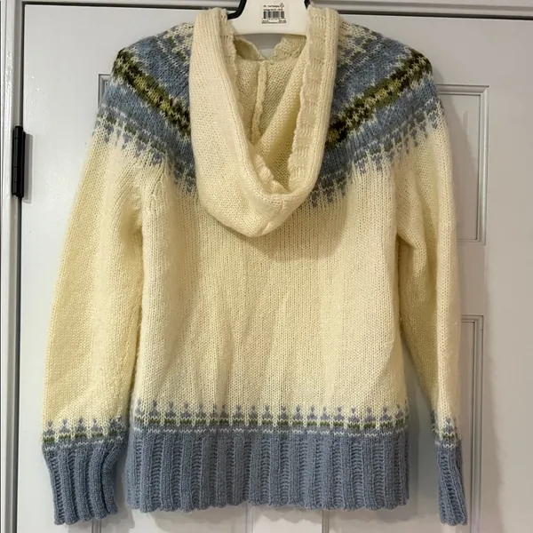 Eddie Bauer Sweater sz M Wool Mohair Blend Hooded Nordic Fair Isle ivory blue - Image 6