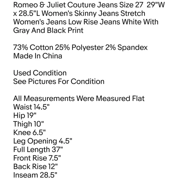 Romeo & Juliet Couture Jeans Size 27 29"W x 28.5"L Women's Skinny Jeans Stretch - Image 6