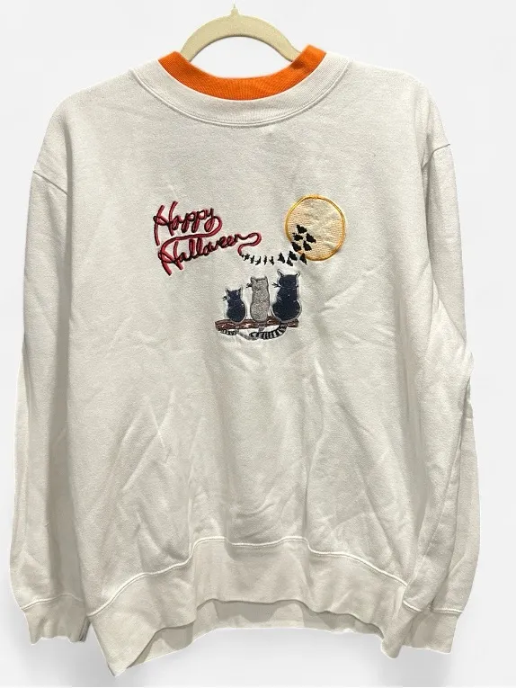 Vintage 90s Happy Halloween Grandma Sweatshirt Cats Cottagecore Large - Image 6