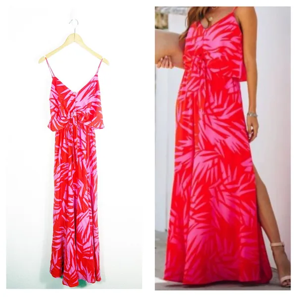 Vici Pink Red Tropical Print Maxi Dress Small Sleeveless Beach Vacation - Image 2