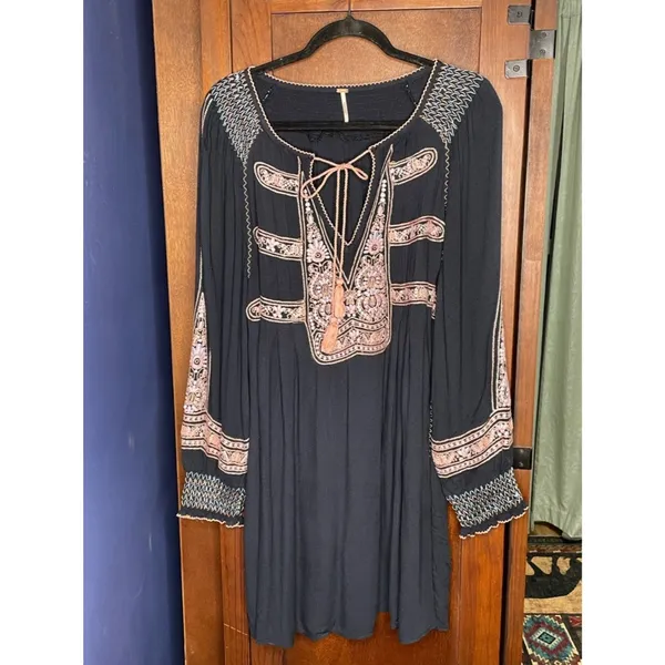 Free People Wind Willow Embroidered Peasant Mini Dress Boho Festival Indie M - Image 3