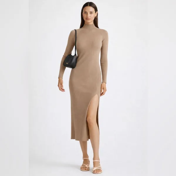 NWT Quince EcoKnit Ribbed Mick Neck Midi sweater dress in warm taupe colorway S - Image 2