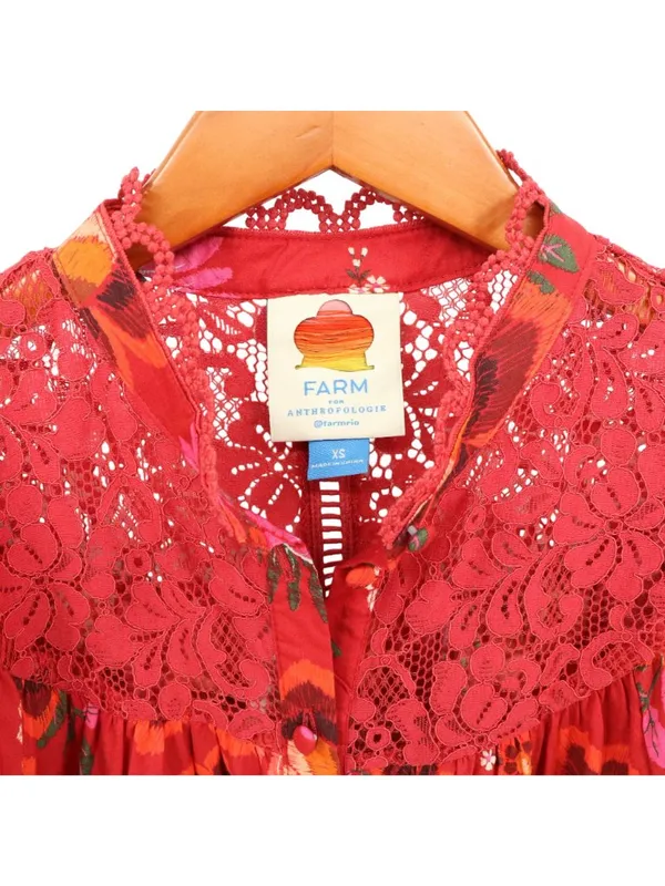 Anthropologie Farm Rio Giustina Lace Blouse Top Short Sleeve Floral Red XS - Image 6