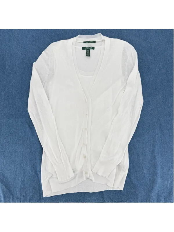 Lauren Ralph Lauren White Cardigan & Tank Top Set Linen Cotton Ribbon Trim Med - Image 3