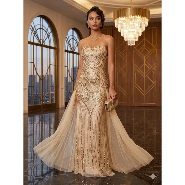 Angel Fashions Strapless Gold Sequin Beaded Long Gown Dress Women Size L - Image 2