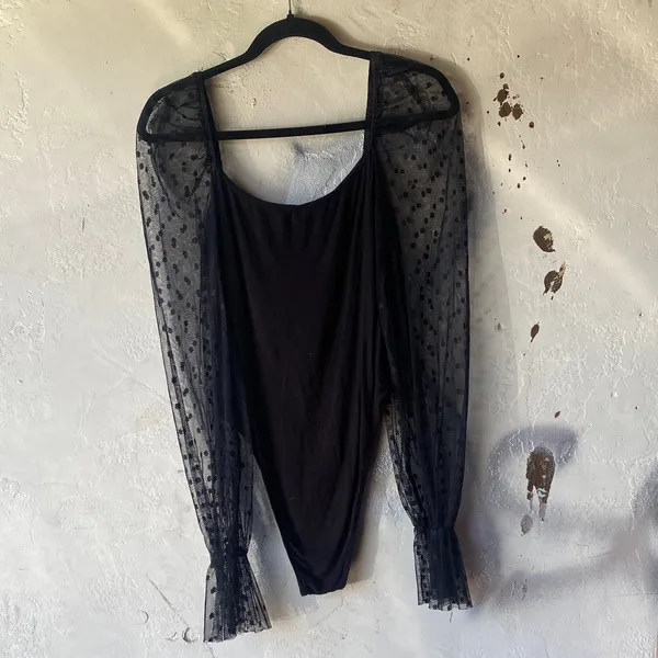 Elegant Square Neck Black Dot Sheer Sleeve Bodysuit Sz Large - Image 3