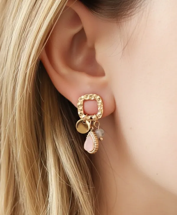 Gold Pink Quartz Dangle Earrings - Image 2