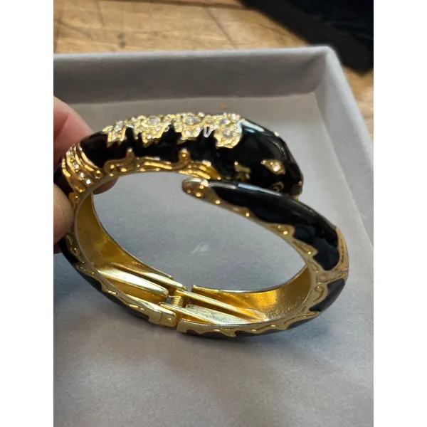 Gold & Black Snake-Inspired Hinged Bangle Bracelet With Rhinestone Embellishment - Image 3