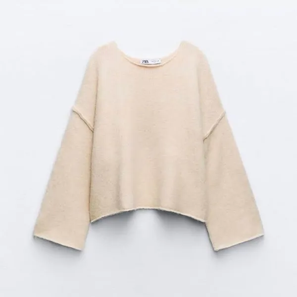 ZARA Bateau Neck Cropped Sweater Wool Solid Ivory‎ Pullover Knit Knitwear Small - Image 4