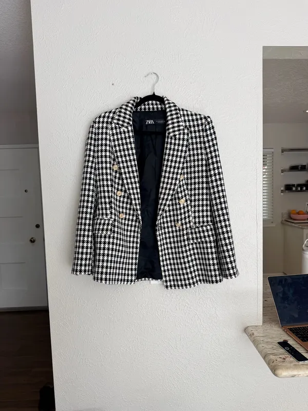 Zara houndstooth double breasted gold button oversized blazer jacket M  - Image 5