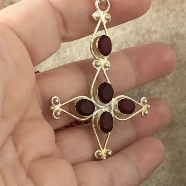Kashmiri Ruby cross Silver Pendant Red - Image 4