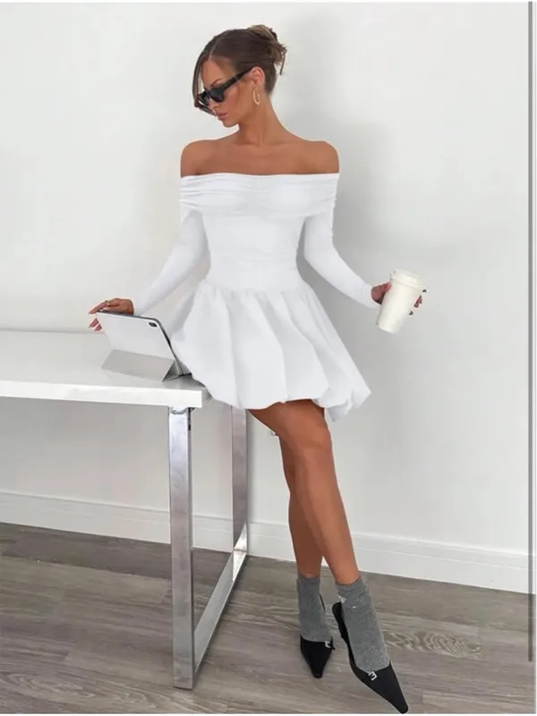NEW White Off Shoulder Mini Bubble Dress Long Sleeve Drop Waist M - Image 5