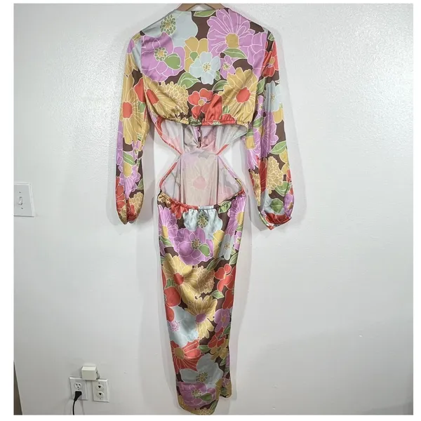 Y.A.S‎ Josephine Long Sleeve Cut Out Maxi Dress Floral Retro Mod Twist Front M - Image 4