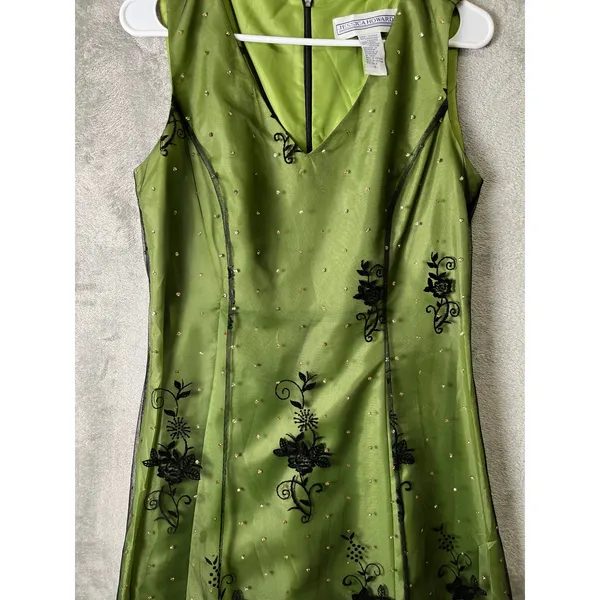 Vintage Y2k Green Dress Black Floral Overlay Beaded 90s Grunge Whimsy‎ Fairy - Image 2