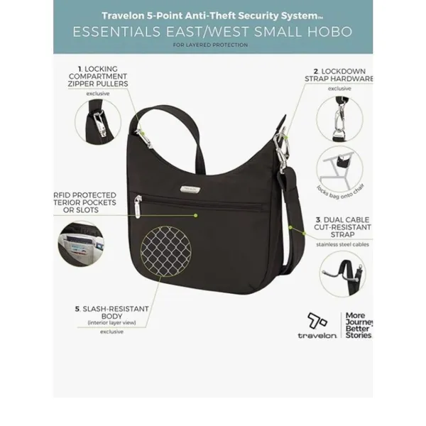 Travelon Anti-Theft Essentials East/West Small Hobo Bag, Black, NWT - Image 2