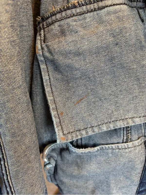 Free People Distressed Denim Jean Jacket W/ Knit Sleeves & Hood - Image 10