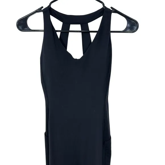Athleta Transcend Bodysuit Black Yoga‎ Pilates One Piece Strappy Back Pockets XS - Image 2