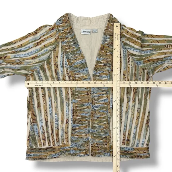 Chicos Shirred Cut Away Art To Wear Short Sleeve V Neck Jacket Tan Multi‎ Large - Image 10