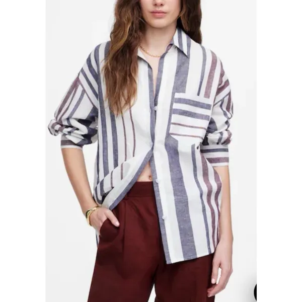 MADEWELL Striped Button-Up Shirt in Linen-Cotton Womens S Shirred 3/4 Sleeves - Image 3