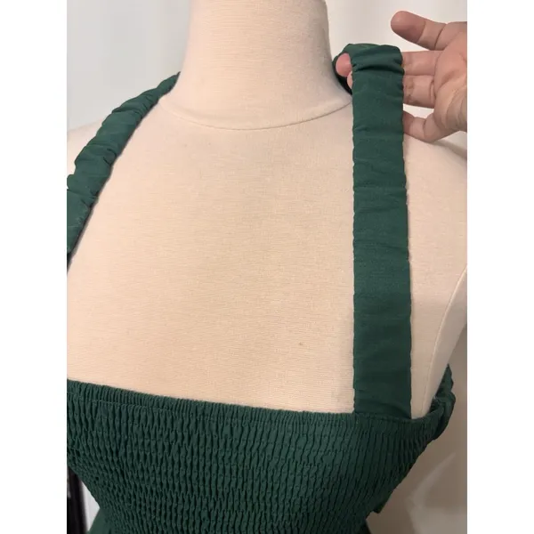 Womens Smocked Green Midi Dress Cottage Sundress Pockets Backless Straps Stretch - Image 7