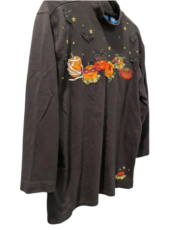 Vintage 90s Karen Scott Halloween Embroidered Mock Neck Shirt Pumpkin Large L - Image 8