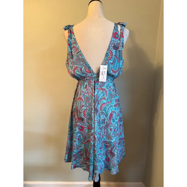 IndiaBoutique Sari Short Dress Coverup Paisley Turquoise Red OneSize boho resort - Image 4
