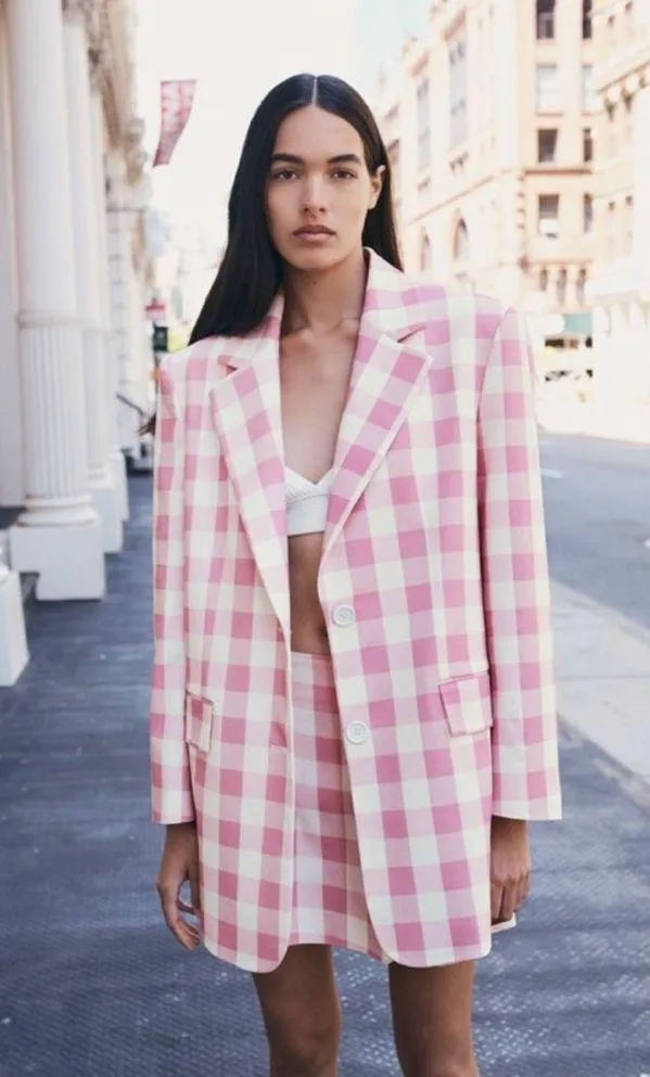 Zara Oversized Gingham Print Blazer Jacket Pink/White Size XS NEW - Image 7