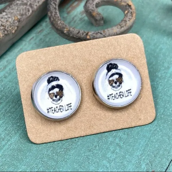 Teacher Life Skeleton Leopard Print Cabochon Stud Graphic Earrings Last One! - Image 3
