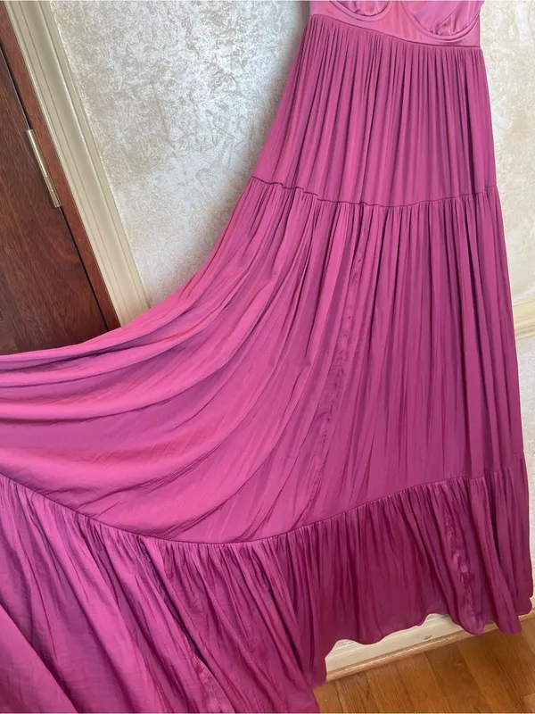 Free People Freya Berry Pink Satin Corset Tiered Maxi Dress M Coquette Fairycore - Image 15
