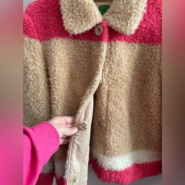 Anthropologie Color block Sherpa Jacket with Pink,‎ Tan, and Cream Medium - Image 2