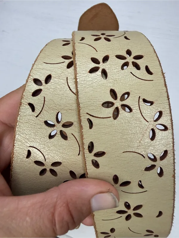 Italian Leather Floral Laser Cut Boho Y2K Belt Solver Tone Buckle 33"-37" Holes - Image 4