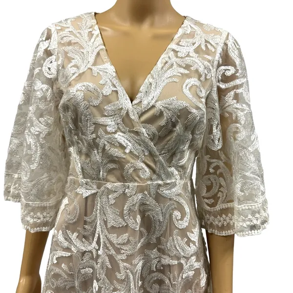 Lulus Celebration Hour Cream Lace Sequin Embroidered Zip Back Mini Dress Medium - Image 2