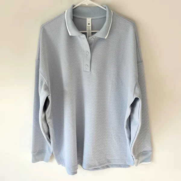 Lululemon Textured Long-Sleeve Polo Shirt Starch Blue White Athleisure Preppy - Image 3