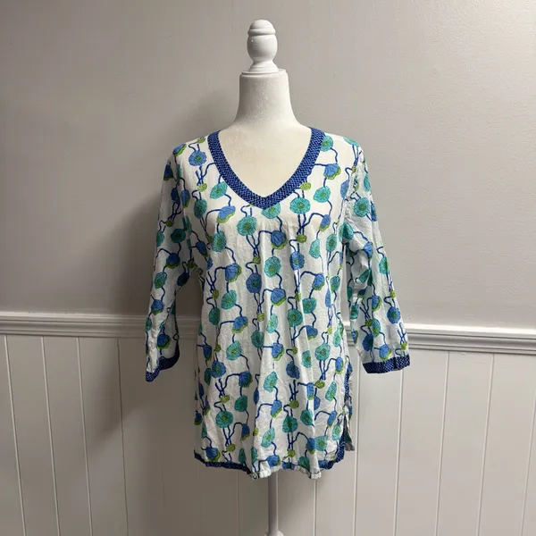 Gretchen Scott Long Sleeve Tunic Top Blouse Floral Blue Green Cotton Medium - Image 11