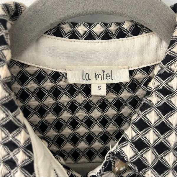 La Miel Tan Black Geometric Print Button Down Oversized Fall Shacket Jacket S - Image 5