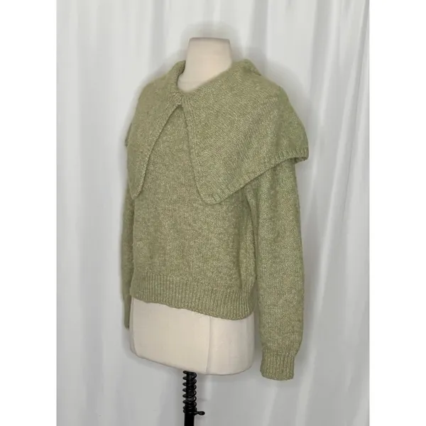 ZARA Wide Lapel Cape Collar Knit Sweater Sage Green Pullover Cottagecore Medium - Image 7
