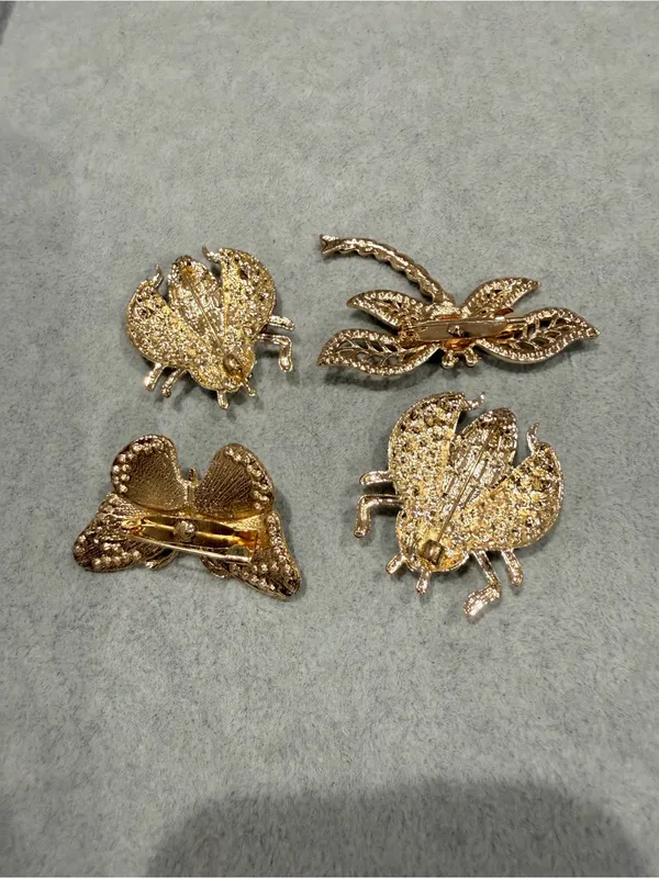 4 Gold-Tone vintage inspired Butterfly & Ladybug Brooch Set - Sparkling Crystal - Image 3