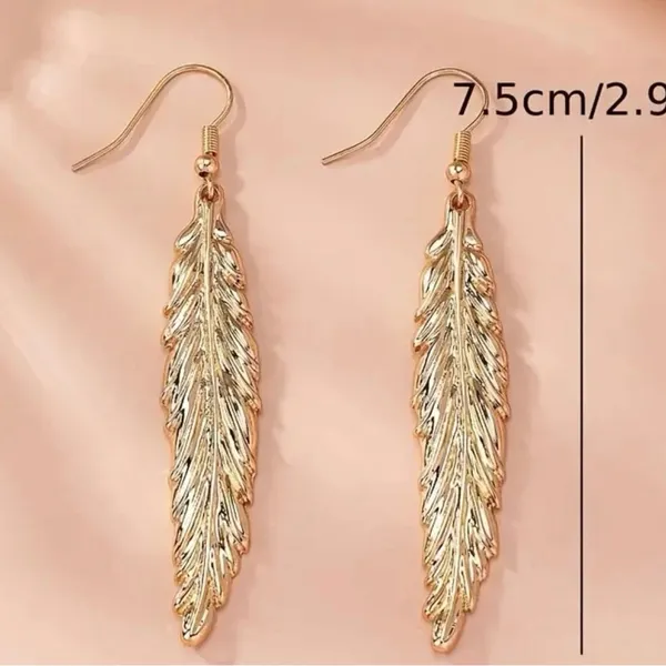 Gorgeous 14K Gold Plated Feather Shaped Dangle Earrings - Image 4