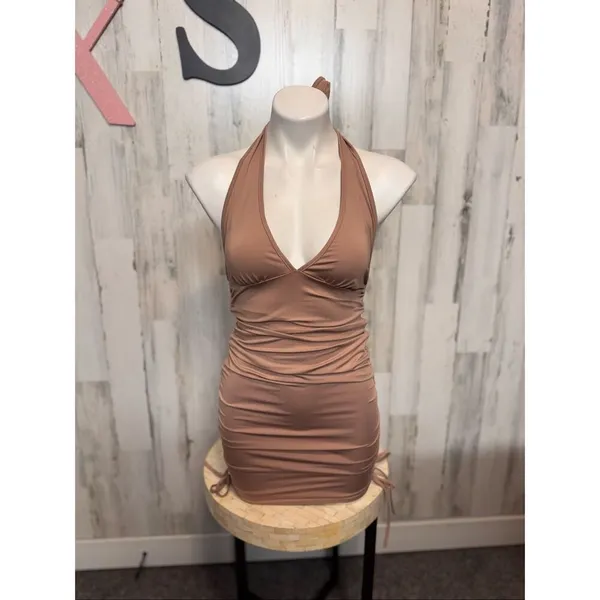 Tan Beige Deep V-Neck Ruched Drawstring Halter Backless Mini Dress XS - Image 2